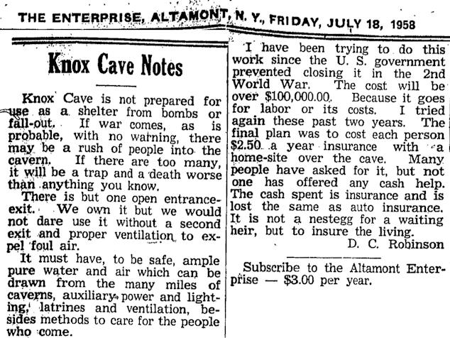 Knox Cave is not prepared for use as a shelter from bombs-Altamont Enterprise - Friday July 18, 1958